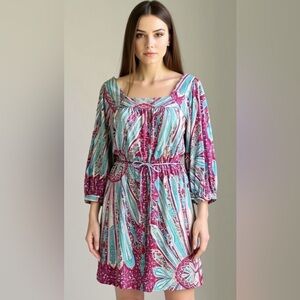 Nieves Lavi New York Silk Bohemian Blue Floral Balloon Sleeve Dress Size 6
